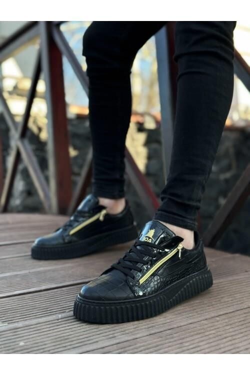 Kalın Yüksek Taban Çift Fermuarlı Siyah Siyah Erkek Ayakkabı Siyah - 44