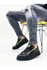 Kalın Yüksek Taban Çift Fermuarlı Siyah Siyah Erkek Ayakkabı Siyah - 44