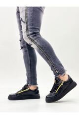 Kalın Yüksek Taban Çift Fermuarlı Siyah Siyah Erkek Ayakkabı Siyah - 44