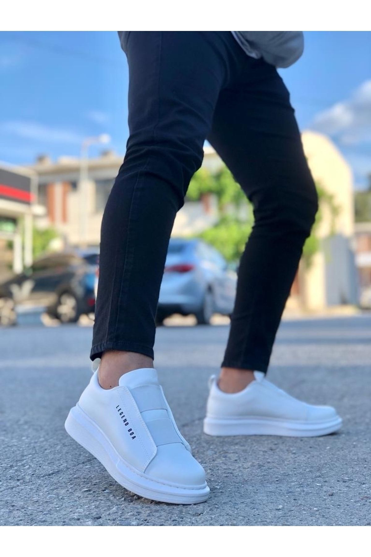 Kalın Yüksek Taban Çift Bant  Erkek Günlük Ayakkabı Sneaker Spor Ayakkabı Beyaz - 44