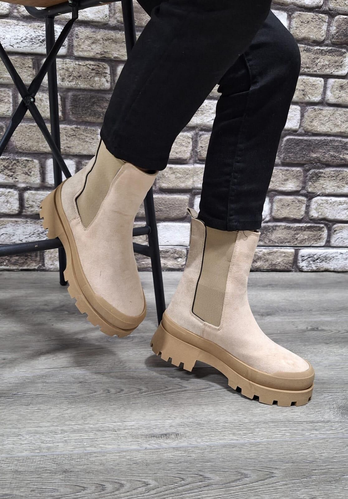 Yandan Lastikli Kalın Taban Günlük Uzun Süet Bot Bej - 36