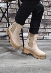 Yandan Lastikli Kalın Taban Günlük Uzun Süet Bot Bej - 36