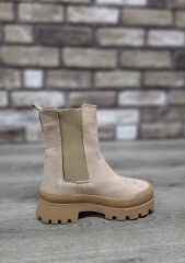 Yandan Lastikli Kalın Taban Günlük Uzun Süet Bot Bej - 37