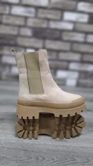 Yandan Lastikli Kalın Taban Günlük Uzun Süet Bot Bej - 36