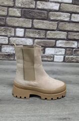 Yandan Lastikli Kalın Taban Günlük Uzun Süet Bot Bej - 36