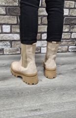 Yandan Lastikli Kalın Taban Günlük Uzun Süet Bot Bej - 36