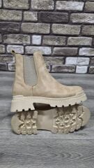 Yandan Lastikli Kalın Taban Günlük Kısa Süet Bot Bej - 37