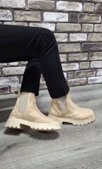 Yandan Lastikli Kalın Taban Günlük Kısa Süet Bot Bej - 37