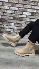 Yandan Lastikli Kalın Taban Günlük Kısa Süet Bot Bej - 37