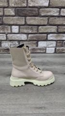 Bağcıklı Lastikli  Kaymaz Kauçuk Kalın Taban Kadın Günlük Bot Bej - 40