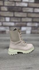 Bağcıklı Lastikli  Kaymaz Kauçuk Kalın Taban Kadın Günlük Bot Bej - 40