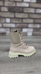 Bağcıklı Lastikli  Kaymaz Kauçuk Kalın Taban Kadın Günlük Bot Bej - 40