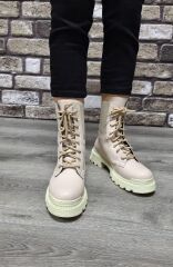 Bağcıklı Lastikli  Kaymaz Kauçuk Kalın Taban Kadın Günlük Bot Bej - 40