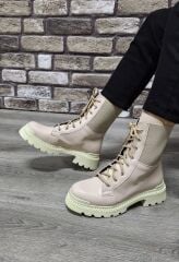 Bağcıklı Lastikli  Kaymaz Kauçuk Kalın Taban Kadın Günlük Bot Bej - 40