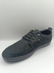 İçi Dışı Hakiki Deri Jelli Taban  Lastikli Bağcıklı Erkek Yazlık Rahat Günlük Hafif Çarık Ayakkabı Siyah - 41