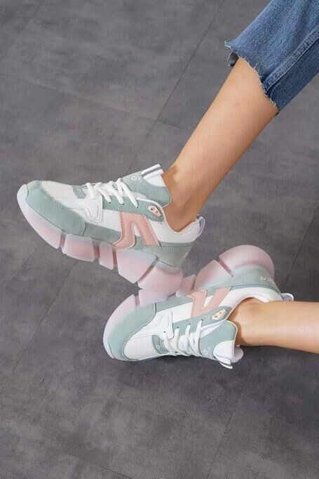 Kadın Ortopedik Tabanlı File Detaylı Sneaker Spor Ayakkabı Yeşil-Pudra - 37