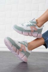 Kadın Ortopedik Tabanlı File Detaylı Sneaker Spor Ayakkabı Yeşil-Pudra - 37