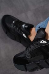 Kadın Ortopedik Tabanlı File Detaylı Sneaker Spor Ayakkabı Siyah - 40