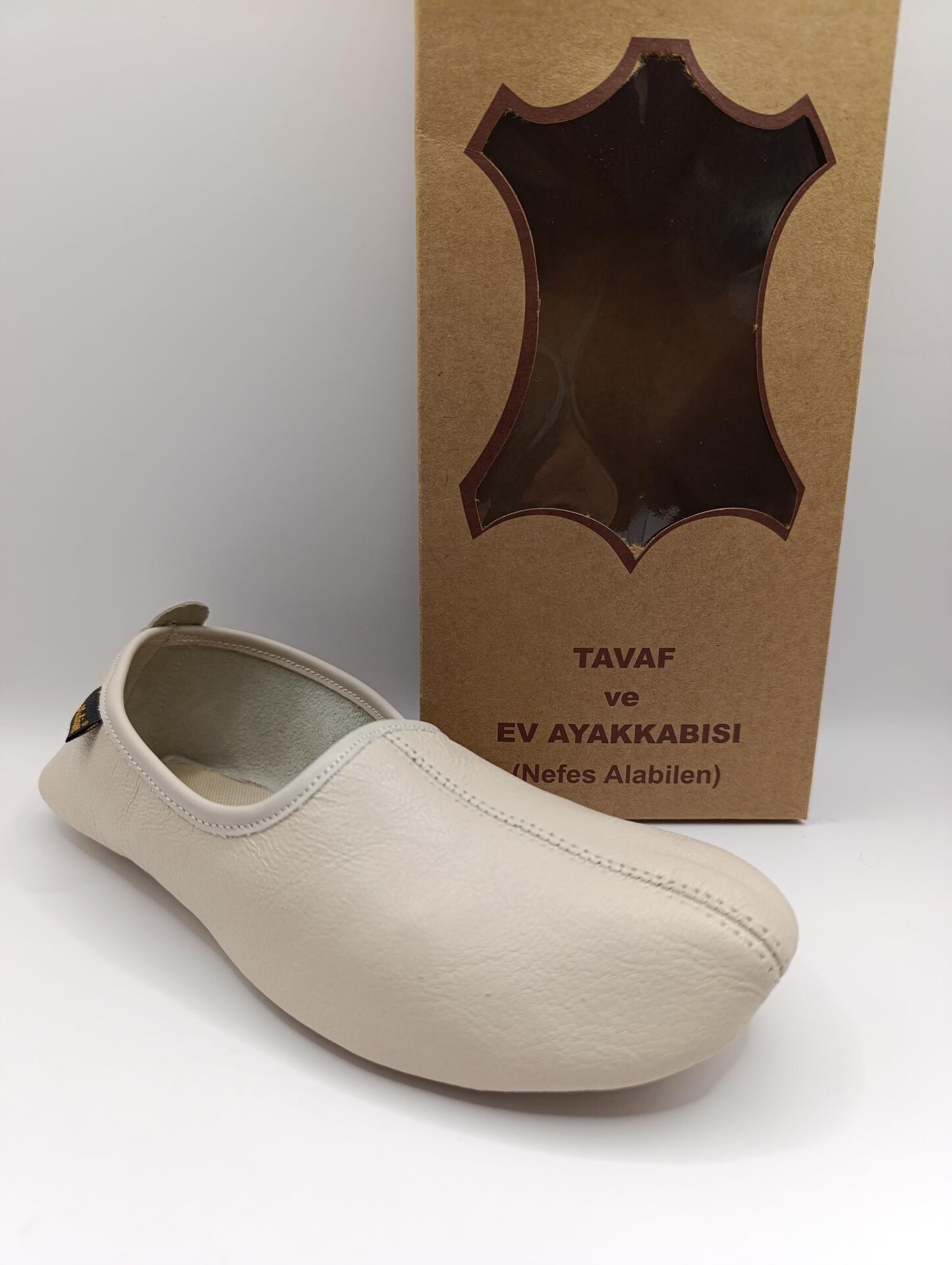 %100 Deri Hac Umre Tavaf Patiği Ve Ev Ayakkabısı Terletmez Bej - 40