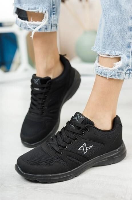 Unisex Siyah Beyaz Günlük Rahat Yürüyüş Ayakkabısı File Detaylı Sneaker Spor Ayakkabı Siyah - 37