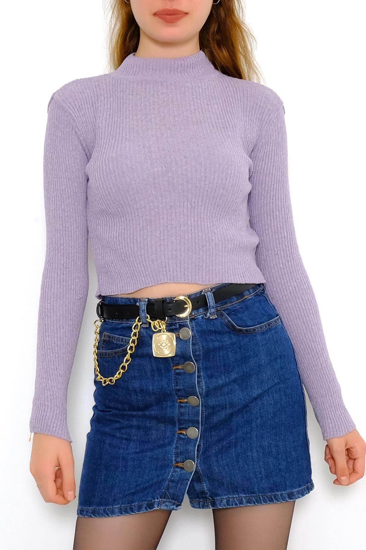 Kadın Crop Kesim Uzun  Kol Likralı Triko Kazak Lila