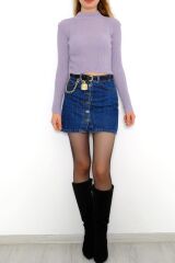 Kadın Crop Kesim Uzun  Kol Likralı Triko Kazak Lila