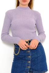 Kadın Crop Kesim Uzun  Kol Likralı Triko Kazak Lila