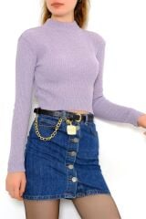 Kadın Crop Kesim Uzun  Kol Likralı Triko Kazak Lila