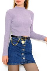 Kadın Crop Kesim Uzun  Kol Likralı Triko Kazak Lila