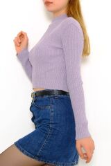 Kadın Crop Kesim Uzun  Kol Likralı Triko Kazak Lila