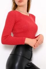 Kadın Crop Kesim Uzun  Kol Likralı Triko Kazak Kırmızı