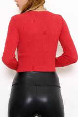 Kadın Crop Kesim Uzun  Kol Likralı Triko Kazak Kırmızı