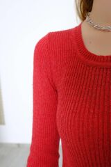 Kadın Crop Kesim Uzun  Kol Likralı Triko Kazak Kırmızı