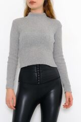 Kadın Crop Kesim Uzun  Kol Likralı Triko Kazak Gri