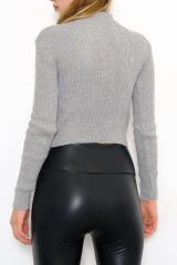 Kadın Crop Kesim Uzun  Kol Likralı Triko Kazak Gri