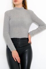 Kadın Crop Kesim Uzun  Kol Likralı Triko Kazak Gri