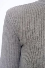 Kadın Crop Kesim Uzun  Kol Likralı Triko Kazak Gri