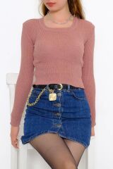 Kadın Crop Kesim Uzun  Kol Likralı Triko Kazak Pudra