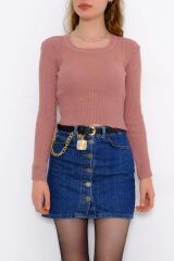 Kadın Crop Kesim Uzun  Kol Likralı Triko Kazak Pudra