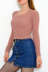 Kadın Crop Kesim Uzun  Kol Likralı Triko Kazak Pudra