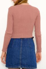 Kadın Crop Kesim Uzun  Kol Likralı Triko Kazak Pudra