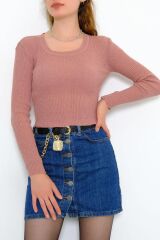 Kadın Crop Kesim Uzun  Kol Likralı Triko Kazak Pudra