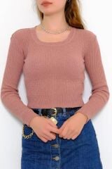 Kadın Crop Kesim Uzun  Kol Likralı Triko Kazak Pudra