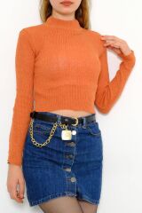 Kadın Crop Kesim Uzun  Kol Likralı Triko Kazak Kiremit