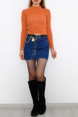 Kadın Crop Kesim Uzun  Kol Likralı Triko Kazak Kiremit