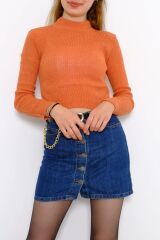 Kadın Crop Kesim Uzun  Kol Likralı Triko Kazak Kiremit