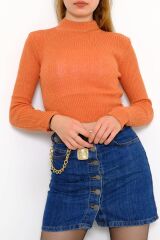 Kadın Crop Kesim Uzun  Kol Likralı Triko Kazak Kiremit