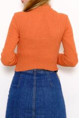 Kadın Crop Kesim Uzun  Kol Likralı Triko Kazak Kiremit