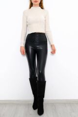 Kadın Crop Kesim Uzun  Kol Likralı Triko Kazak Ekru