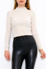 Kadın Crop Kesim Uzun  Kol Likralı Triko Kazak Ekru